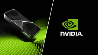 Split image featuring a look at the RTX 5090 and the Nvidia logo.