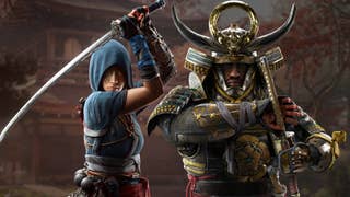Naoe and Yasuke, the shinobi and samurai from Assassin's Creed Shadows, over the top of a nice pciture of a Japanese house in the autumn.