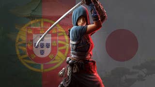 A Portugese flag and a Japanese flag over a tower in Assassin's Creed Shadows, with the ninja Naoe over the top.