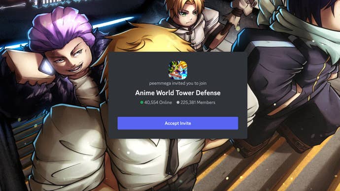 A Discord page showing an invite for the official Anime World Tower Defense server.