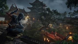Naoe lobbing a kunai at a guy in Assassin's Creed Shadows.