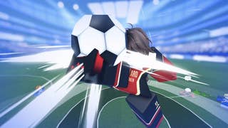A football player catching the ball in the air in the Roblox game Azure Latch.