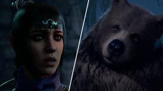 Halsin in bear form in Baldur's Gate 3 and Shadowheart looking shocked.