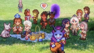 A bunch of Baldur's Gate 3 characters having a picnic in Stardew Valley.