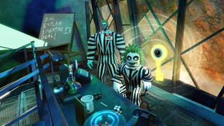 A Roblox version of Beetlejuice sat in front of a desk, a glowing key floating behind him.