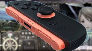 A JoyCon from the Switch 2 over the top of two slightly blurred, desaturated images from Bravely Default HD Remaster.