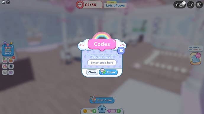 A screenshot of Cake Off in Roblox showing the game's codes page.