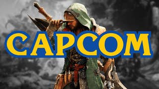 Monster Hunter Wilds default male protagonist with a massive yellow and blue Capcom logo over the top, with a black and white background from the game behind.