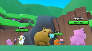 A cute capybara character with a pacifier in its mouth, in the Roblox game Capybara Evolution.