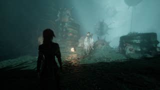 Maelle looks at a non-hostile, white Demineur in Flying Waters in Clair Obscur: Expedition 33