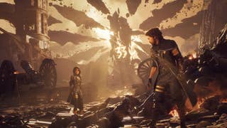 Three characters in Clair Obscur Expedition 33 look towards a monolith framed with gold light that has the 33 icon emblazoned onto it.