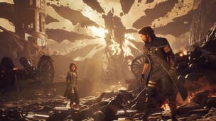 Three characters in Clair Obscur Expedition 33 look towards a monolith framed with gold light that has the 33 icon emblazoned onto it.