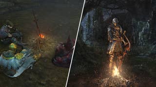 Dark Souls: Remastered's main character lighting a bonfire, next to some seamless co-op players sitting around one.