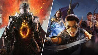 An image split into two panels. On the left: Dragon's Dogma 2's Arisen stands against a fiery background in full armour. On the right: Baldur's Gate 3's Shadowheart, Lae'zel, Wyll, and Mizora.