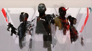 Key art for Den of Wolves, featuring 4 masked men in cyberpunk streetwear, with a slightly visible DOW logo in high contrast