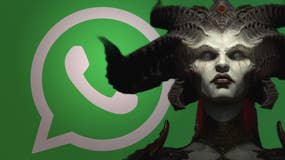 Lilith from Diablo 4 as a cutout over the top of a green Whatsapp logo