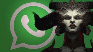 Lilith from Diablo 4 as a cutout over the top of a green Whatsapp logo
