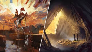 A combination image of Longdue's concept art for an unreleased game, and Disco Elysium.