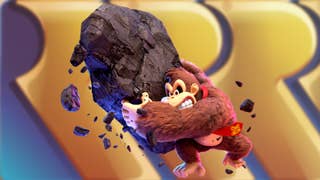 A cutout of Donkey Kong wielding a boulder in front of a stacked series of Rare logos in gold and blue.