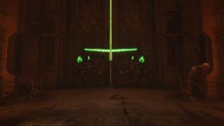 A large door is illuminated green and slowly opening in a cutscene during DOOM: The Dark Ages' The Forsaken Plains chapter