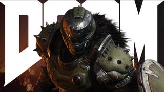 Huge DOOM text behind a Dark Ages version of the Doom Slayer