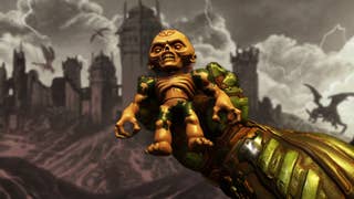 First-person view of the Doom Slayer holding a toy in his hand against the fantasy backdrop of Doom The Dark Ages