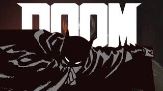 Batman, as he appears on the cover of Batman Year One, sneaks behind his cape over a big, white DOOM logo.
