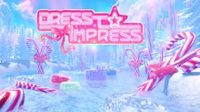 The Dress to Impress (Roblox) logo is featured on a festive backdrop that shows an ice rink with candy canes, sweets, and trees surrounding it
