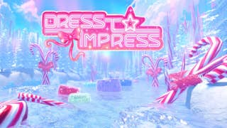 The Dress to Impress (Roblox) logo is featured on a festive backdrop that shows an ice rink with candy canes, sweets, and trees surrounding it