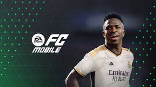 A football player in an Emirates-sponsored white-and-gold kit is framed against the green-and-black EA Sports FC Mobile logo and background.