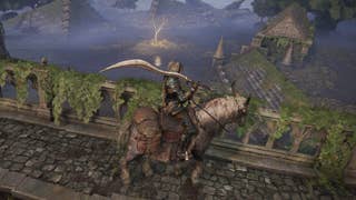 The Tarnished riding on Torrent towards a golden tree and Golden Seed in Elden Ring.