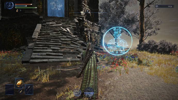 A Nightreign character approaches a large blue glowing rune near the foot of the stone steps leading toward a magically sealed Mage Tower.