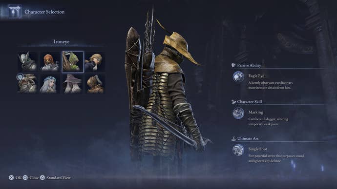 The Ironeye's character info screen in Elden Ring Nightreign