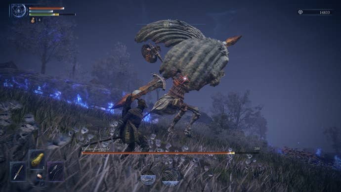 The Ironeye attacking a Valiant Gargoyle in Elden Ring Nightreign