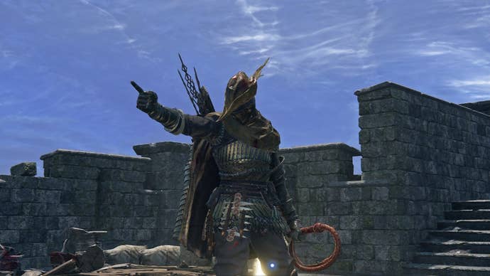 The Ironeye pointing at something offscreen in Elden Ring Nightreign