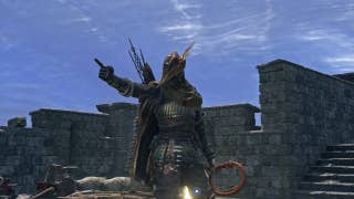 The Ironeye pointing at something offscreen in Elden Ring Nightreign