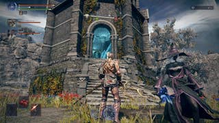 A pair of Nightreign characters stand at the bottom of the steps into a Mage Tower and look up towards the blue glow coming from the doorway.