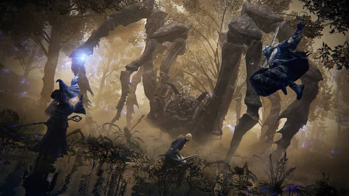 Some players fighting a big spider boss in Elden Ring Nightreign.