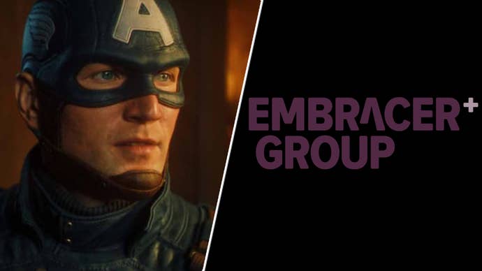 The Embracer Group logo opposite Captain America in Marvel 1943: Rise of Hydra.