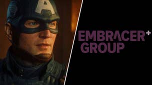The Embracer Group logo opposite Captain America in Marvel 1943: Rise of Hydra.