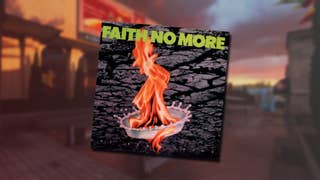 The album art of Faith No More's 'The Real Thing' over a blurred background of the Red Card map in Black Ops 6.