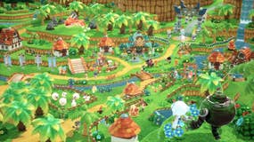 A vibrant scene overlooking a rustic tropical village, with many palm trees dotted among cottages and sheep pastures. A river runs through the village and Aztec-style gates are visible at the left-hand side. In the foreground, a white-haired young girl and a round robotic creature survey the scene.