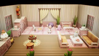 A purple haired, femme-presenting playable character waves cheerfully from within a player house decorated in pastels and pale woods. (Fantasy Life i: The Girl Who Steals Time)