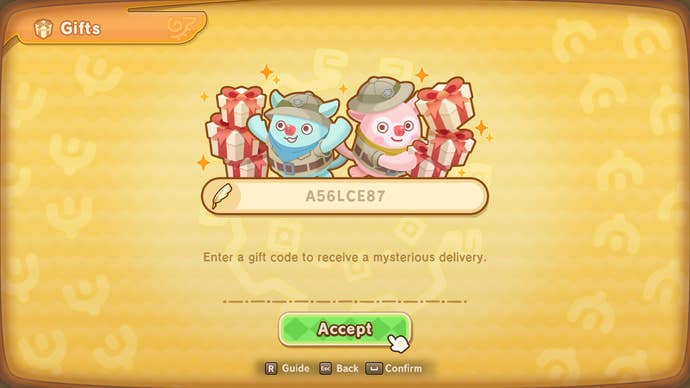 The code redeem page in Fantasy Life i shows a text box and a green "Accept button", illustrated by two friendly animal companions of ambiguous species (one blue, one pink) surrounded by red-ribboned gift boxes and wearing safari outfits.
