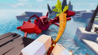 Key artwork for Roblox's Fisch is shown depicting a lobster jumping out of the water for a carrot