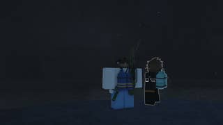 A fisherman with a fishing rod and diving gear standing next to Clarence, a deep sea diver, in the Roblox game, Fisch.