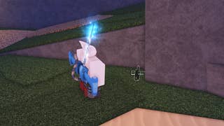 A Roblox character standing next to the message in a bottle on Moosewood in Fisch.