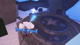 A Roblox character standing next to the Blue Moon door on Snowcap Island in Fisch.