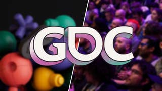 GDC logo over two blurred images; one of a crew of developers and another of a load of 3D shapes.