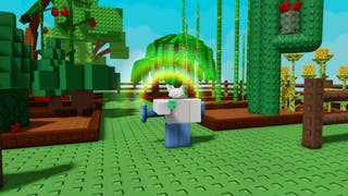 A Roblox character holding a rainbow strawberry in front of a full allotment in Grow a Garden.
